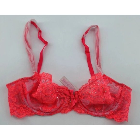Victoria's Secret Other - Victoria’s Secret Very Sexy Unlined Demi Neon Pink Sheer Lace Bra Size 32B